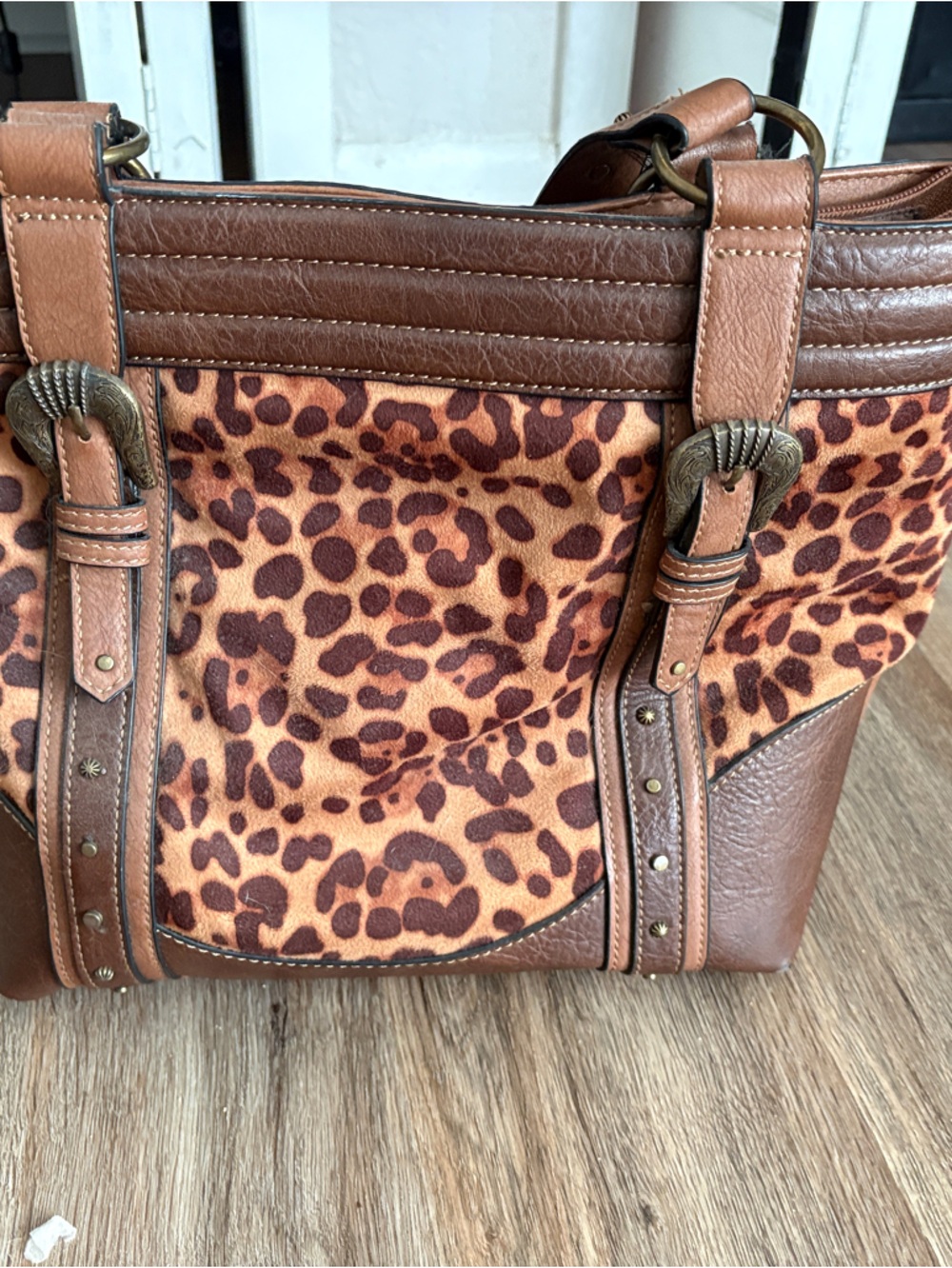 Justin concealed carry Leopard Print Tote with Brown Leather Trim